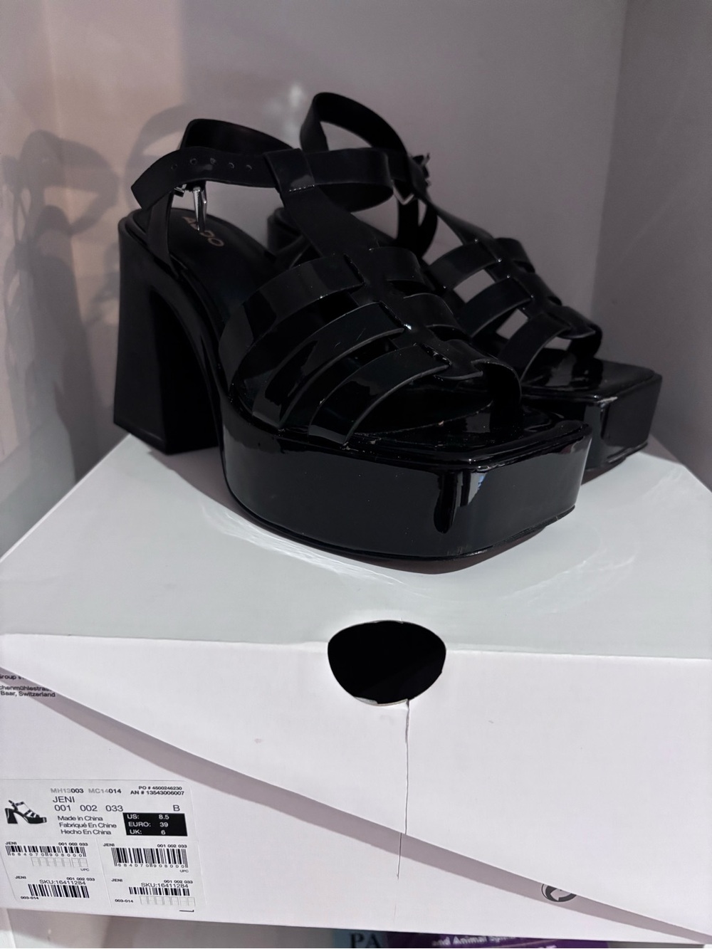 Aldo Black Patent Platform Strappy Sandals
